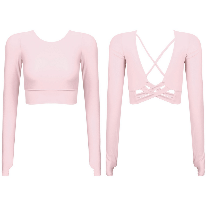 Pink seamless long sleeves cropped top with cross back strappy design, perfect for active wear. Nylon and spandex blend, stylish O-neck collar.